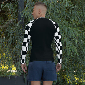 Fashionable Combat Gear: Checkered Men's Long Sleeve BJJ Rash Guard - Noir Checkered Exclusive Long Sleeve Mens Rash Guard Swimwear