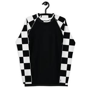 Fashionable Combat Gear: Checkered Men's Long Sleeve BJJ Rash Guard - Noir Checkered Exclusive Long Sleeve Mens Rash Guard Swimwear