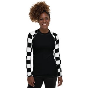 Fashionable Defense: Checkered Women's Long Sleeve BJJ Rash Guard - Noir Checkered Exclusive Long Sleeve Rash Guard Swimwear Womens