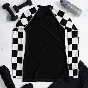 Fashionable Defense: Checkered Women's Long Sleeve BJJ Rash Guard - Noir Checkered Exclusive Long Sleeve Rash Guard Swimwear Womens