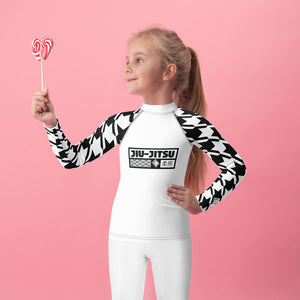 Fashionable Functionality: Girl's Houndstooth Jiu-Jitsu BJJ Rash Guard Exclusive Girls Houndstooth Jiu-Jitsu Kids Long Sleeve Rash Guard