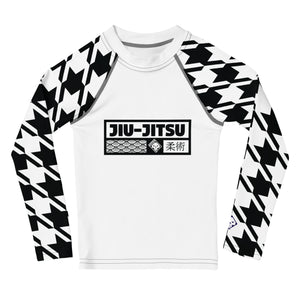 Fashionable Functionality: Girl's Houndstooth Jiu-Jitsu BJJ Rash Guard Exclusive Girls Houndstooth Jiu-Jitsu Kids Long Sleeve Rash Guard