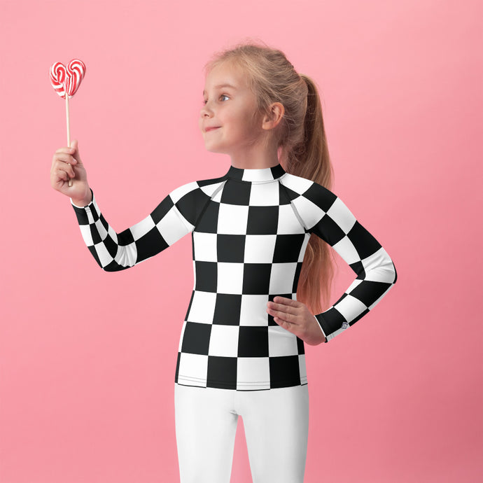 Fashionable Protection: Girls' Checkered Long Sleeve Rash Guard