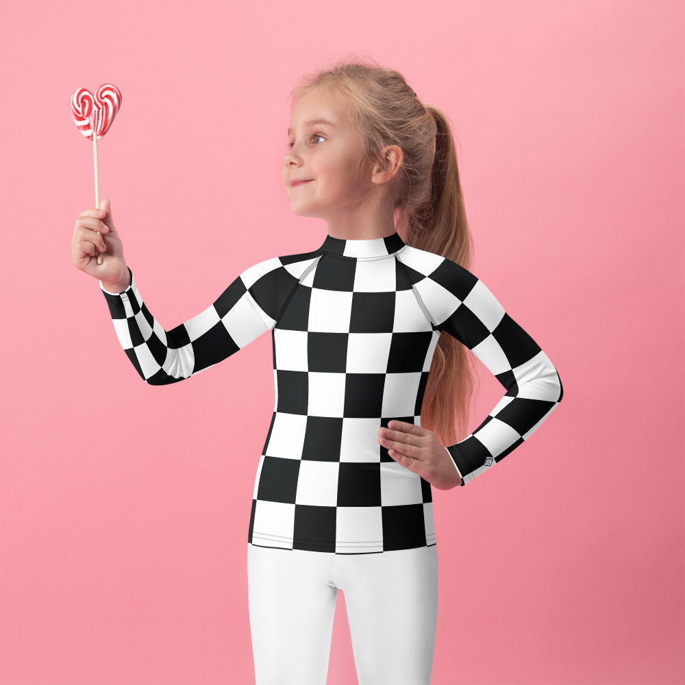 Fashionable Protection: Girls' Checkered Long Sleeve Rash Guard Checkered Exclusive Girls Kids Long Sleeve Rash Guard Swimwear