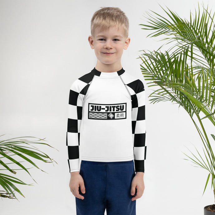 Fashionable Protection: Kids Boys' Checkered Long Sleeve Rash - Blanc Jiu-Jitsu
