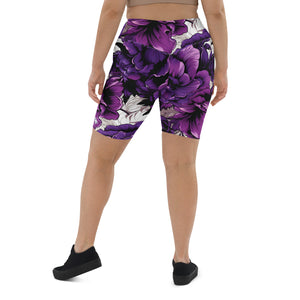 Floral Fitness: Women's Mile After Mile Biker Shorts - Purple Flowers 001 Exclusive Leggings Running Shorts Tights Womens