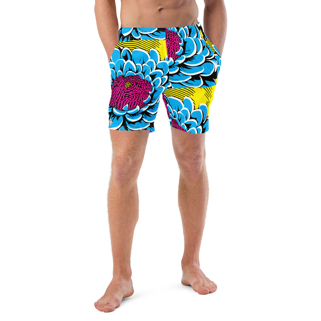 Floral Fun: Men's Dahlia Print 002 Swim Trunks Exclusive Mens Shorts Swimwear