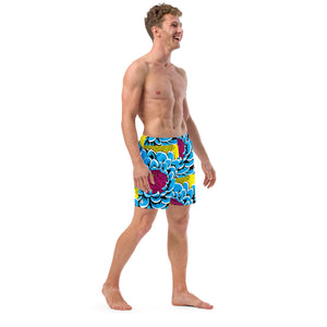 Floral Fun: Men's Dahlia Print 002 Swim Trunks Exclusive Mens Shorts Swimwear