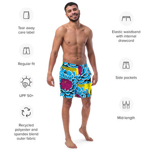 Floral Fun: Men's Dahlia Print 002 Swim Trunks Exclusive Mens Shorts Swimwear