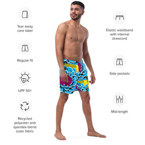 Floral Fun: Men's Dahlia Print 002 Swim Trunks Exclusive Mens Shorts Swimwear