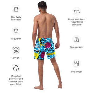 Floral Fun: Men's Dahlia Print 002 Swim Trunks Exclusive Mens Shorts Swimwear