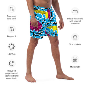 Floral Fun: Men's Dahlia Print 002 Swim Trunks Exclusive Mens Shorts Swimwear