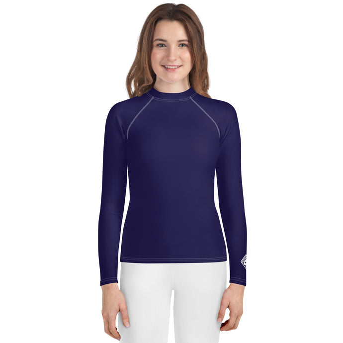 Girls Long Sleeve Rash Guard – Youth Activewear in Bold Solid Colors – Midnight Blue