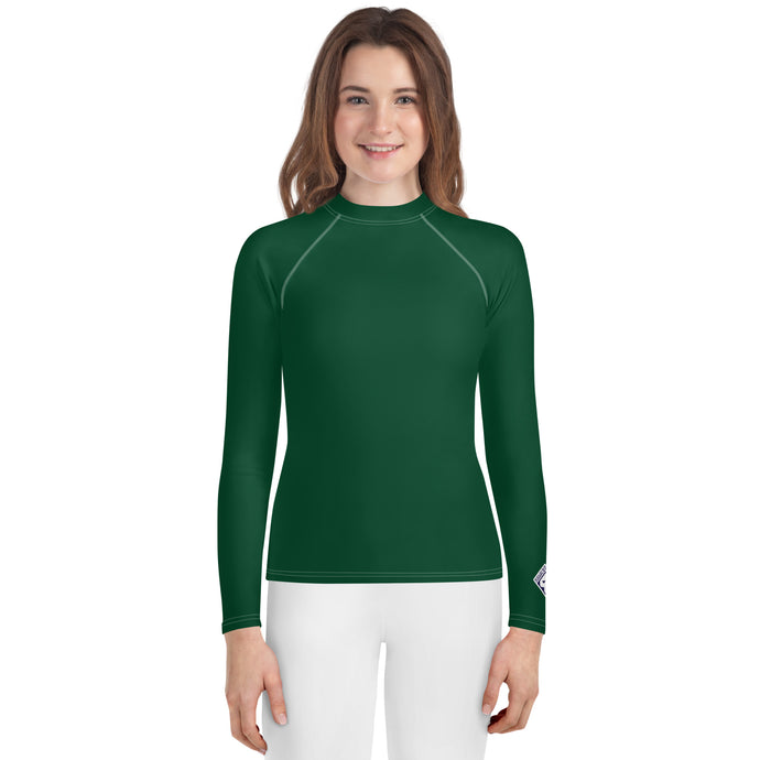 Girls Long Sleeve Rash Guard – Youth Workout Top in Classic Colors – Sherwood Forest