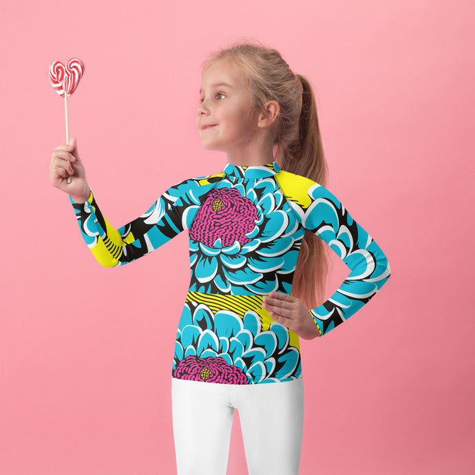 Girl's Pop Art BJJ Long Sleeve Rash Guards - Roy Lichtenstein Inspired Dahlia Print 002 Dahlia Exclusive Girls Kids Long Sleeve Rash Guard Swimwear