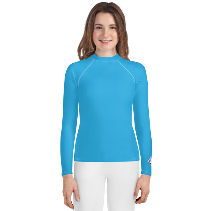 Girls Youth Long Sleeve Rash Guard – UV Protection in Solid Hues – Cyan