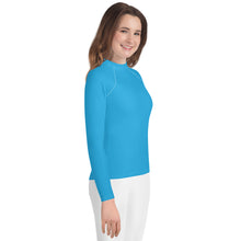 Girls Youth Long Sleeve Rash Guard – UV Protection in Solid Hues – Cyan