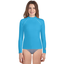 Girls Youth Long Sleeve Rash Guard – UV Protection in Solid Hues – Cyan
