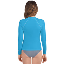 Girls Youth Long Sleeve Rash Guard – UV Protection in Solid Hues – Cyan