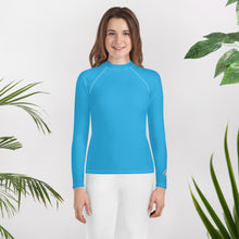 Girls Youth Long Sleeve Rash Guard – UV Protection in Solid Hues – Cyan