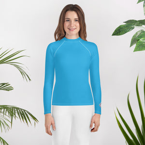 Girls Youth Long Sleeve Rash Guard – UV Protection in Solid Hues – Cyan