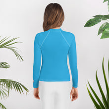 Girls Youth Long Sleeve Rash Guard – UV Protection in Solid Hues – Cyan