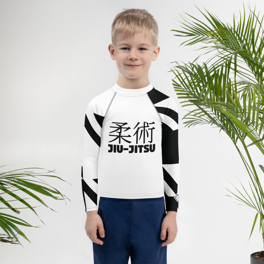 Kid's Boy's Long Sleeve Classic Jiu-Jitsu Rash Guard - Houndstooth 001 Blanc