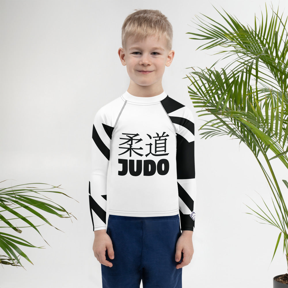 Kid's Boy's Long Sleeve Classic Judo Rash Guard - Houndstooth 001 Blanc