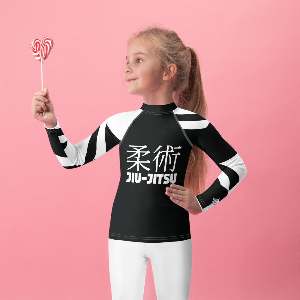 Kid's Girl's Long Sleeve Classic Jiu-Jitsu Rash Guard - Houndstooth 001 Noir