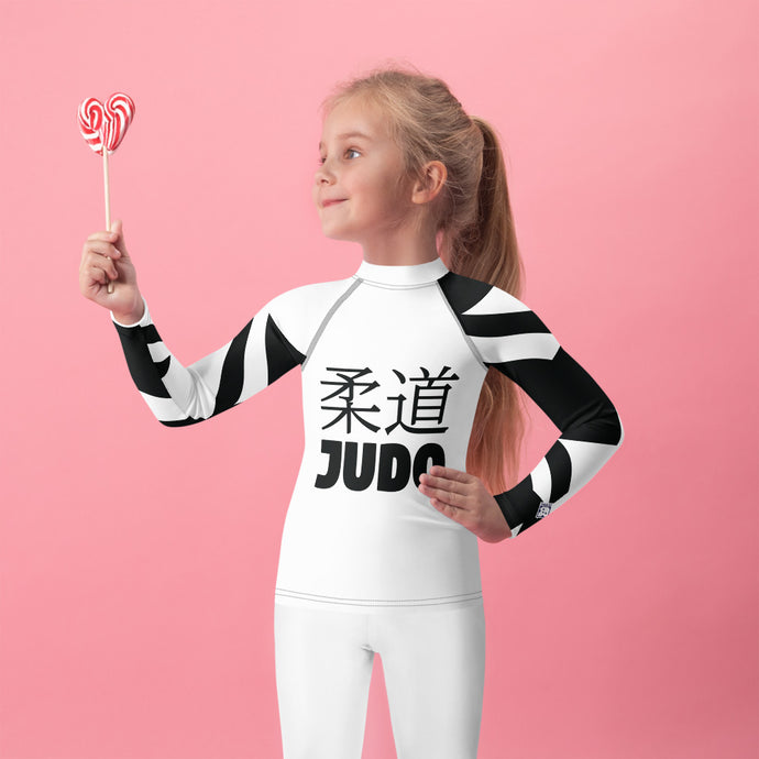 Kid's Girl's Long Sleeve Classic Judo Rash Guard - Houndstooth 001 Blanc