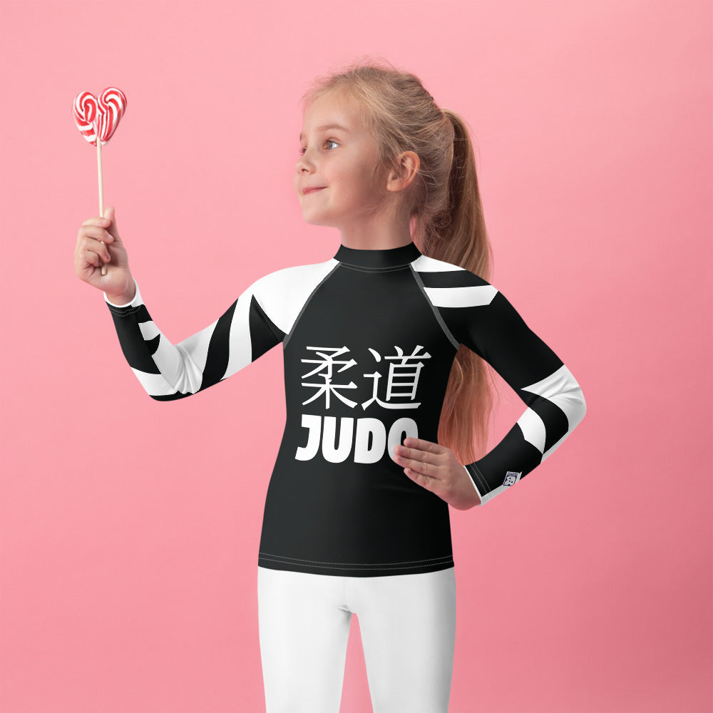 Kid's Girl's Long Sleeve Classic Judo Rash Guard - Houndstooth 001 Noir