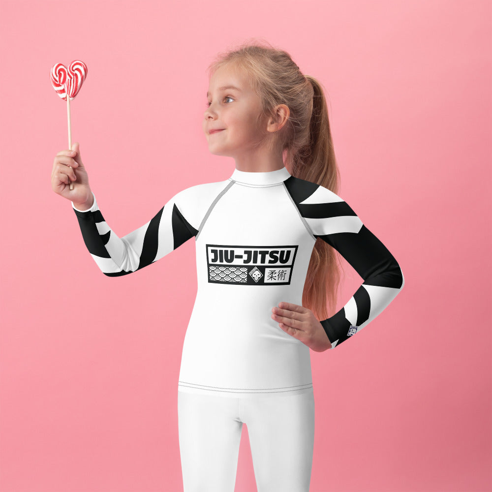 Kid's Girl's Long Sleeve Jiu-Jitsu Rash Guard - Houndstooth 001 Blanc