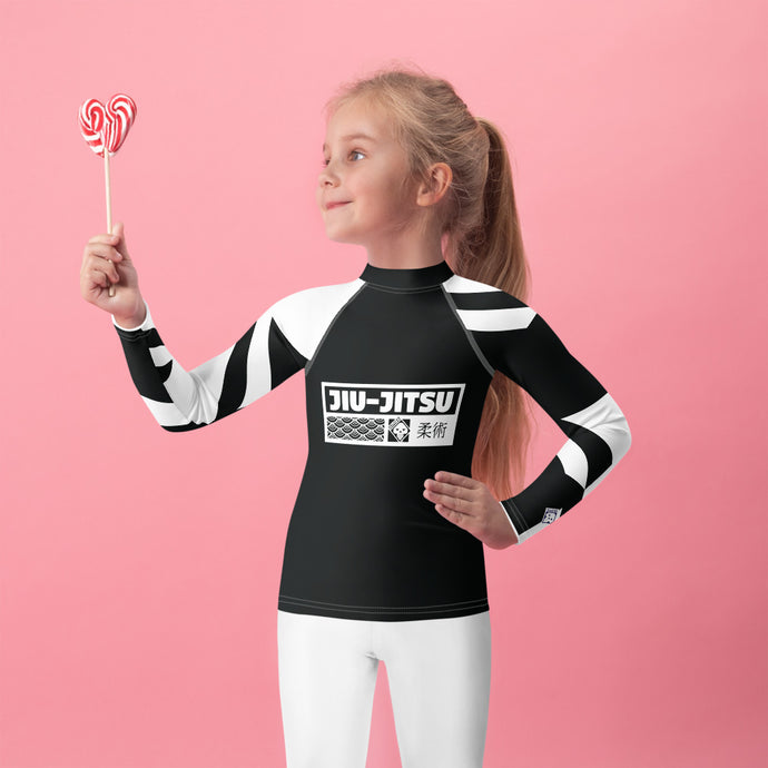 Kid's Girl's Long Sleeve Jiu-Jitsu Rash Guard - Houndstooth 001 Noir