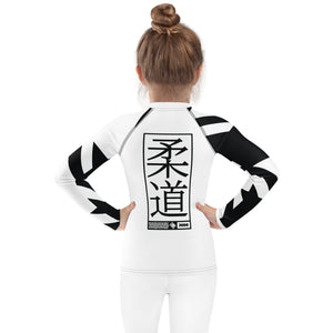 Kid's Girl's Long Sleeve Judo Rash Guard - Houndstooth 001 Blanc