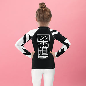 Kid's Girl's Long Sleeve Judo Rash Guard - Houndstooth 001 Noir