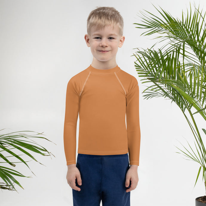Little Trendsetter: Boys' Solid Color Long Sleeve Rash Guards - Raw Sienna Boys Exclusive Kids Long Sleeve Rash Guard Solid Color