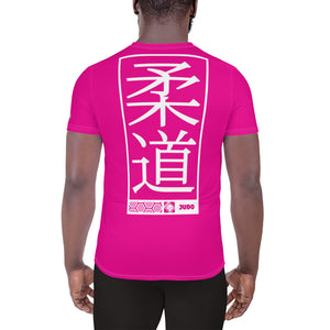 Men's Judo Training Rash Guard - Short Sleeve Performance Wear - Hollywood Cerise