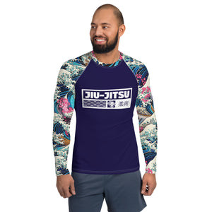 Mens Long Sleeve BJJ Rash Guard - Jiu-Jitsu 021 - The Great Wave Sakura 002 BJJ Exclusive Great Wave Jiu-Jitsu Kanagawa Long Sleeve Mens Rash Guard