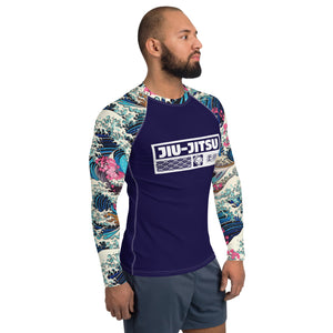 Mens Long Sleeve BJJ Rash Guard - Jiu-Jitsu 021 - The Great Wave Sakura 002 BJJ Exclusive Great Wave Jiu-Jitsu Kanagawa Long Sleeve Mens Rash Guard