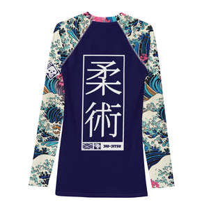 Mens Long Sleeve BJJ Rash Guard - Jiu-Jitsu 021 - The Great Wave Sakura 002 BJJ Exclusive Great Wave Jiu-Jitsu Kanagawa Long Sleeve Mens Rash Guard