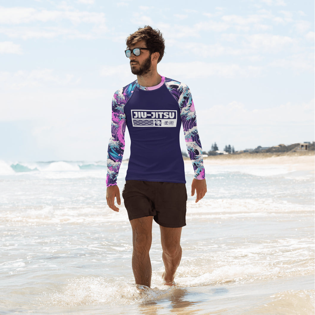 Mens Long Sleeve BJJ Rash Guard - Jiu-Jitsu 022 - Purple Wave 003 BJJ Exclusive Great Wave Jiu-Jitsu Kanagawa Long Sleeve Mens Rash Guard