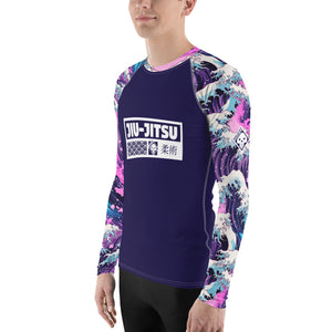 Mens Long Sleeve BJJ Rash Guard - Jiu-Jitsu 022 - Purple Wave 003 BJJ Exclusive Great Wave Jiu-Jitsu Kanagawa Long Sleeve Mens Rash Guard