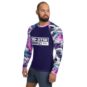 Mens Long Sleeve BJJ Rash Guard - Jiu-Jitsu 022 - Purple Wave 003 BJJ Exclusive Great Wave Jiu-Jitsu Kanagawa Long Sleeve Mens Rash Guard