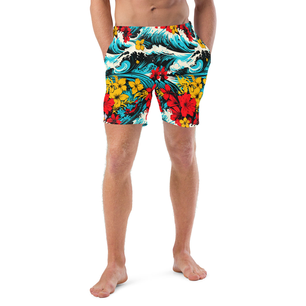 Men's Swim Trunks - Waves and Flowers 001 Exclusive Mens Shorts Swimwear