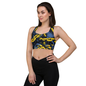 Mile After Mile - Golden Chains 002 Longline Racer Back Sports Bra Exclusive Running Sports Bra Womens