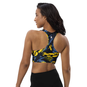 Mile After Mile - Golden Chains 002 Longline Racer Back Sports Bra Exclusive Running Sports Bra Womens