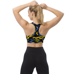 Mile After Mile - Golden Chains 002 Longline Racer Back Sports Bra Exclusive Running Sports Bra Womens