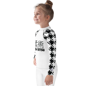 Performance Meets Style: Girl's Houndstooth Classic Jiu-Jitsu BJJ Rash Guard Exclusive Girls Houndstooth Jiu-Jitsu Kids Long Sleeve Rash Guard