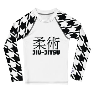 Performance Meets Style: Girl's Houndstooth Classic Jiu-Jitsu BJJ Rash Guard Exclusive Girls Houndstooth Jiu-Jitsu Kids Long Sleeve Rash Guard