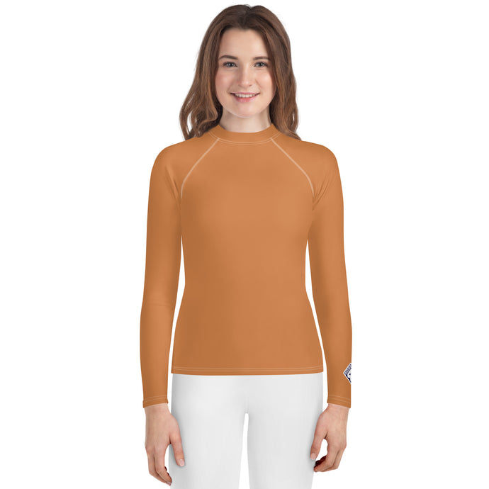 Youth Girls Athletic Rash Guard – Solid Color Compression Shirt – Raw Sienna
